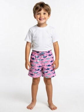 Boys’ Pink Shark Print Swim Trunks